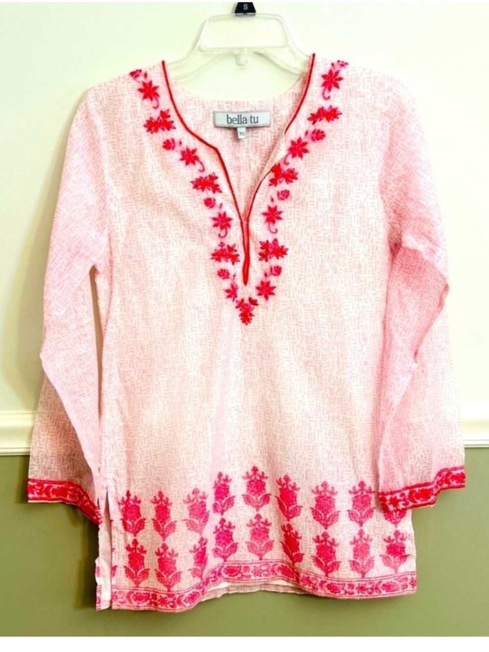 Bella Tu Pink White Floral Embroidered Beaded V-Neck Tunic Dress Cover-Up XS